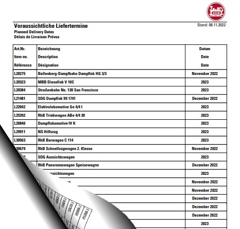 Lieferterminliste 9. November 2022 von LGB! Produkt Auslieferungen November/Dezember 2022 u. 2023 