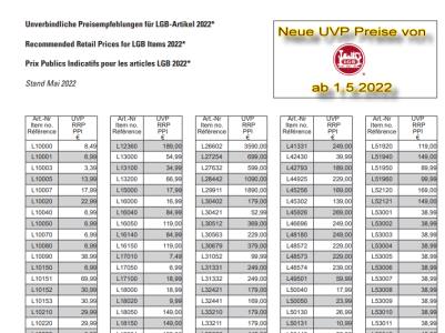 Neue UVP-Preise ab 1. Mai 2022 von LGB ! 