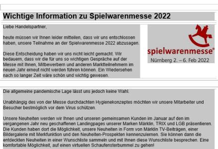 Absage der Teilnahme an der Spielwarenmesse 2022 von Mrklin, Trix und LGB 