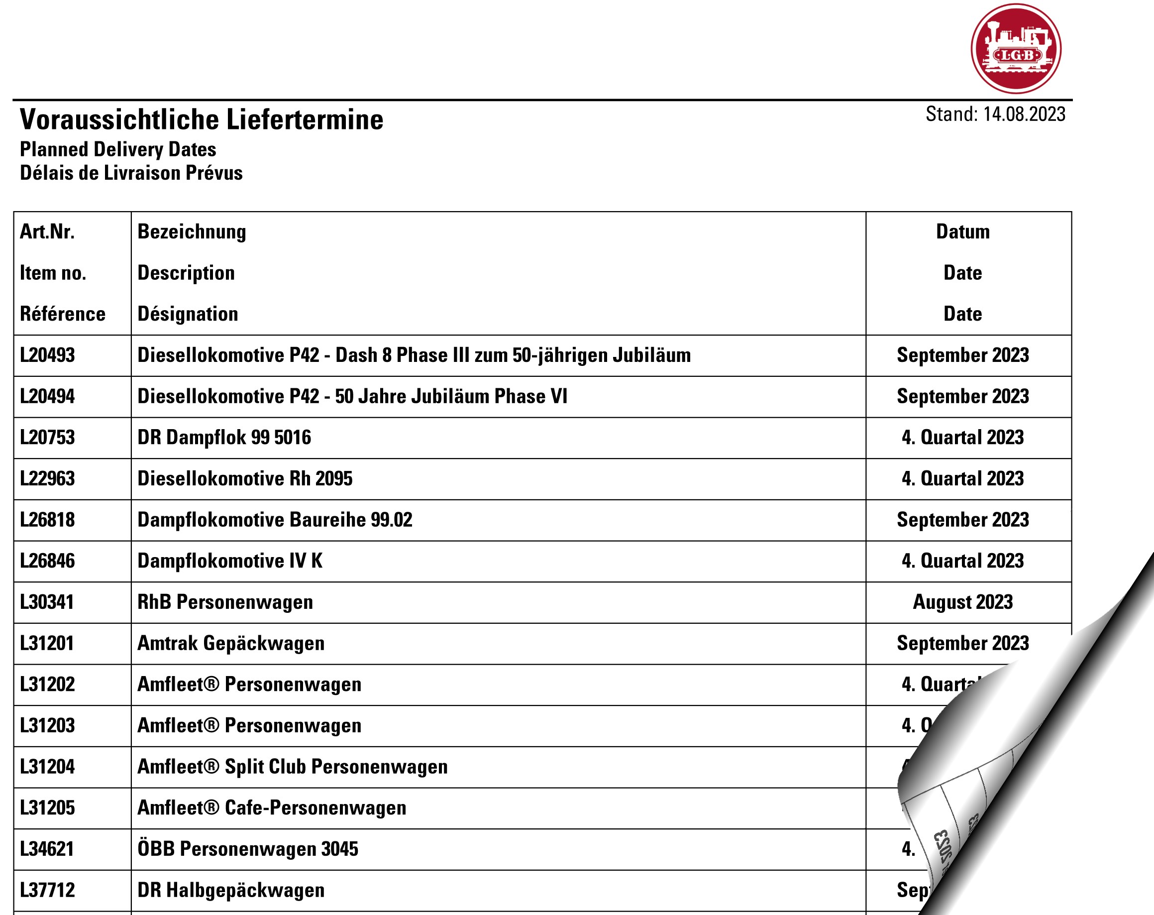 Auslieferung August und weitere Monate 2023 - Neuheiten von LGB 