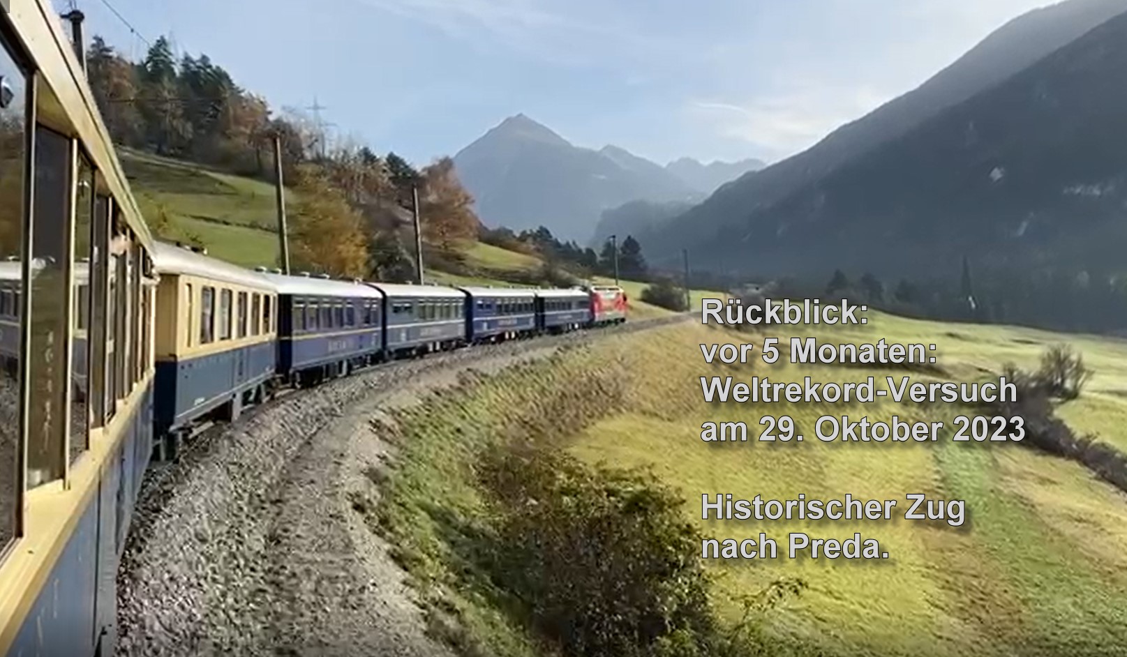 Hendrik Hauschild und LGB haben nun, nach 5 Monaten, nochmals ein VIDEO verffentlicht. Es zeigt die Anfahrt zum "Weltrekord-Versuch" am 29. Oktober 2022 von Chur nach Preda mit der "Weltrekordlok" und den "Gourmino" Restaurant und blauen Pullmann Wagen. 