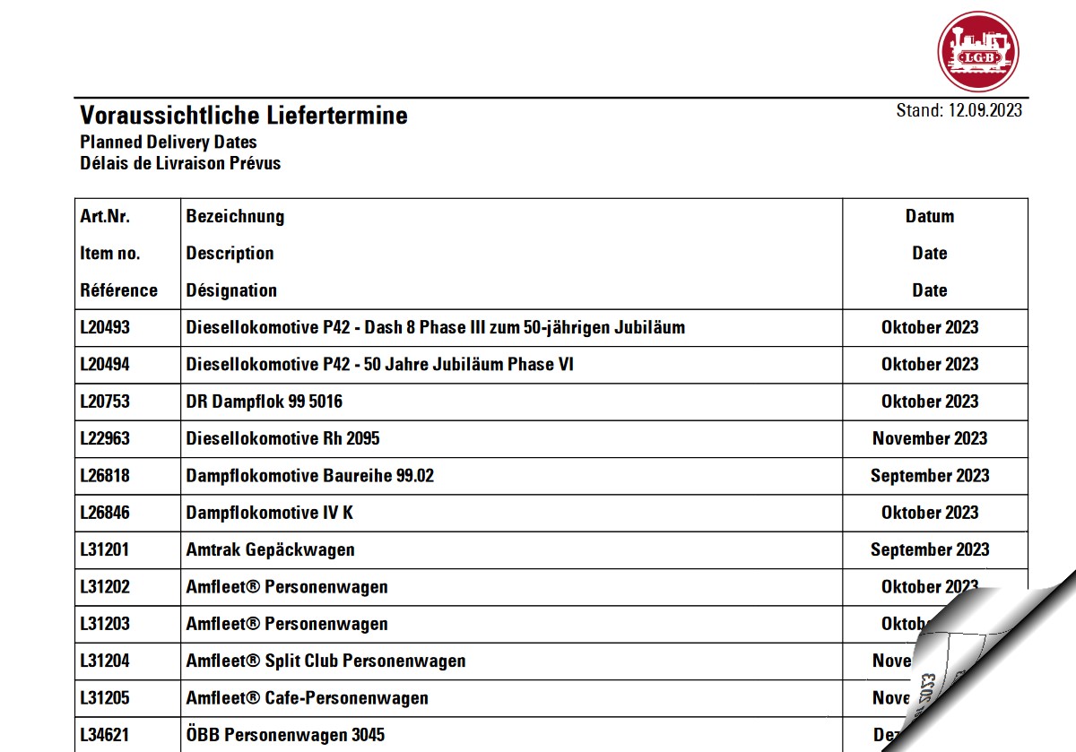Auslieferung September und weitere Monate 2023 - Neuheiten von LGB