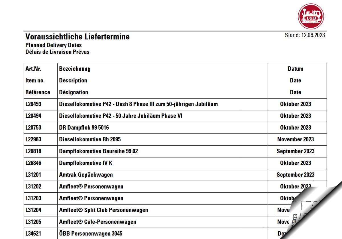 Auslieferung September und weitere Monate 2023 - Neuheiten von LGB 