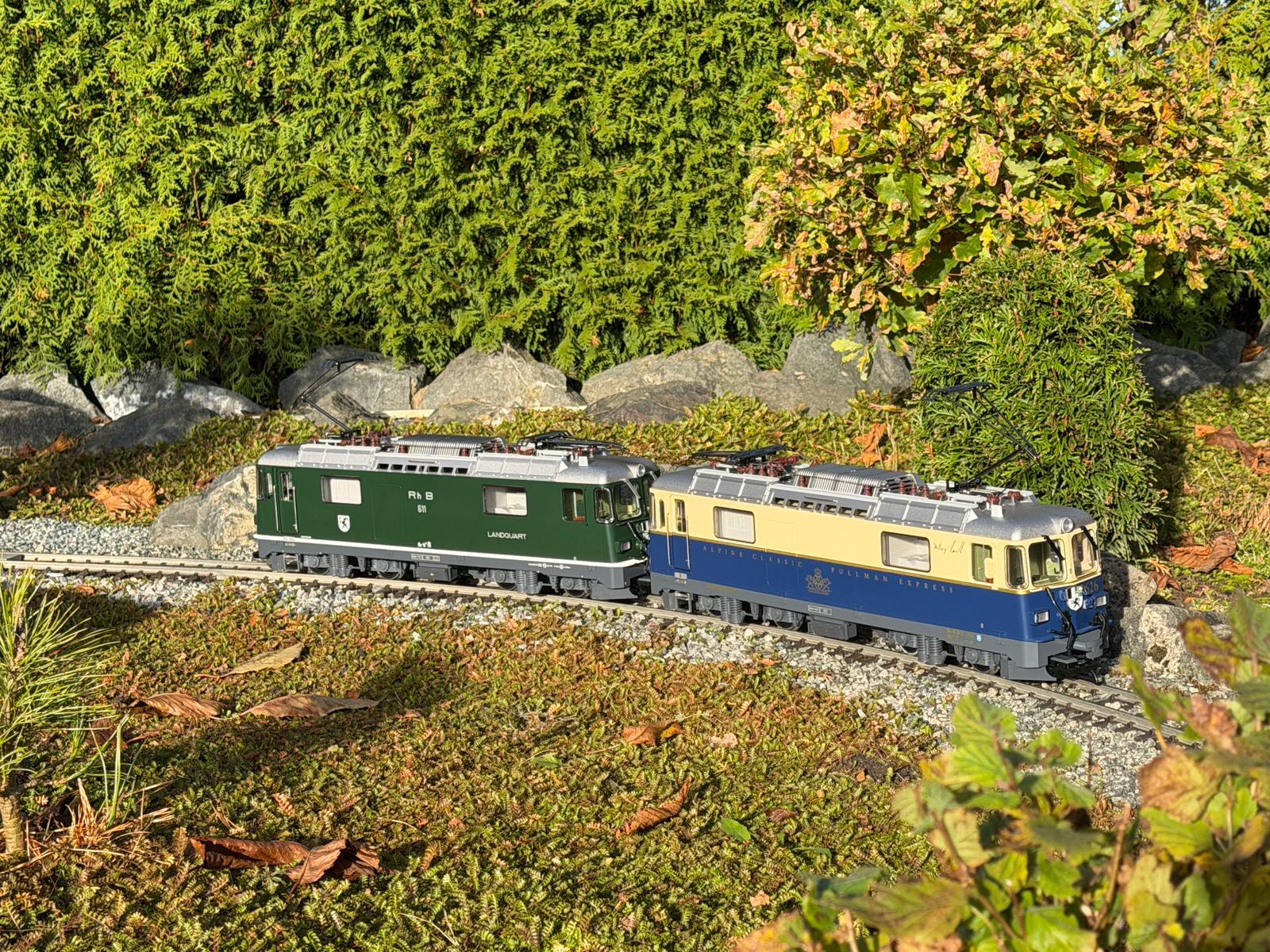 Die grne RhB - Lok 611 Landquart und die blau-beige RhB Lok 626 "Alby Glatt" sind nun in den Grten oder auf Indooranlagen zu finden. 
