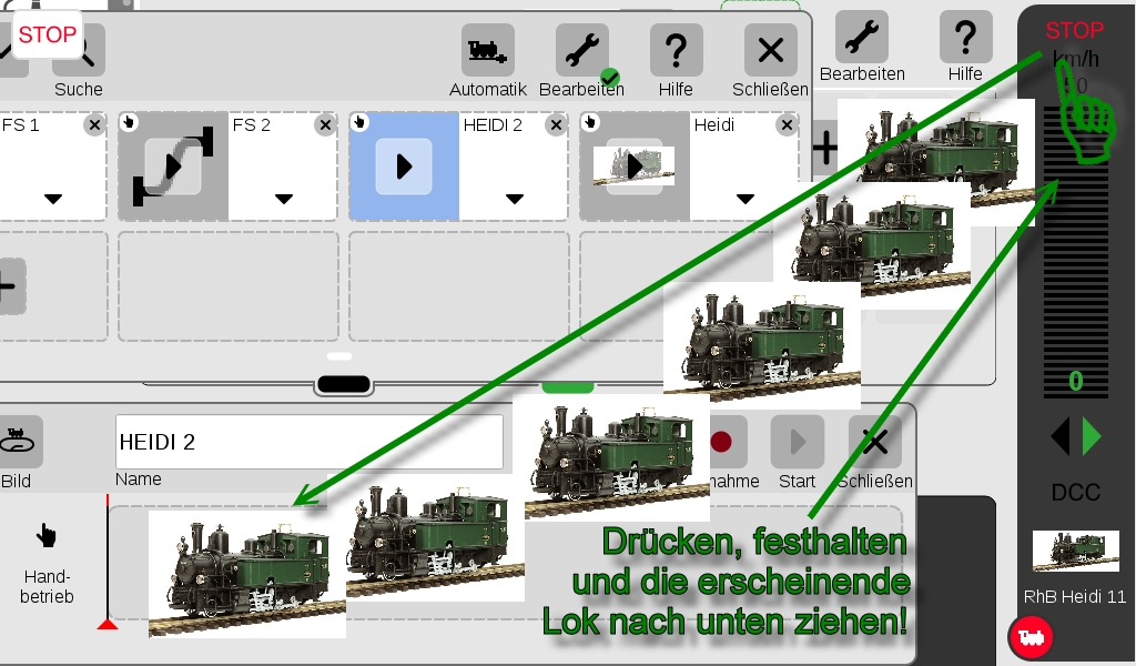 Unterhalb von der STOP Schrift mit dem Finger antippen bis das ICON der gewhlten Lok erscheint. Wir haben ja die Heidi Lok von LGB gewhlt. Nun den Finger halten und nach unten in das Ereignisfeld ziehen.