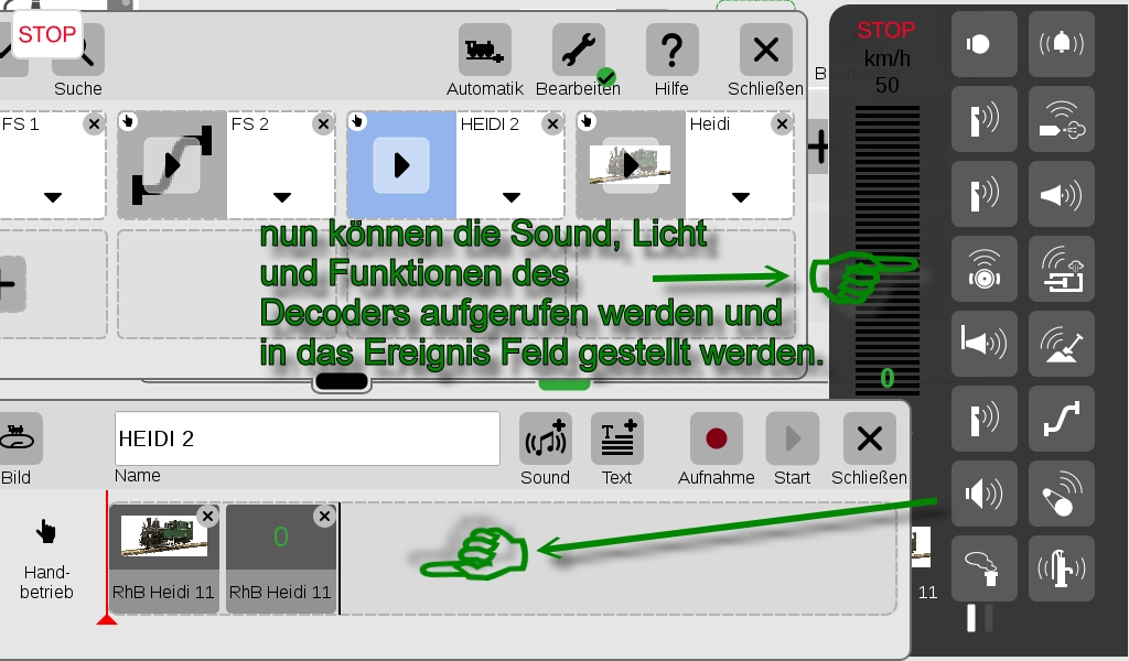  Die Licht, Sound und Ereignisse des Decoders knnen nun in das Ereignisfeld durch Drcken, Festhalten und Ziehen eingefgt werden.. 