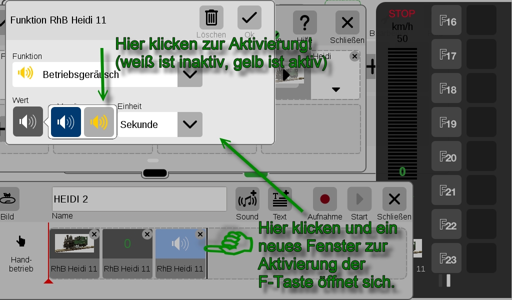 Damit der Sound auch ein Gerusch abgibt ist nochmals auf das Symbol zu drcken. Er erscheint ein neues Fenster um den Sound zu aktivieren. Wird das Symbol "gelb" ist es aktiviert. "Wei" ist die F-Taste bzw. der Sound ausgeschalten. Hier kann die Dauer der Funktion in Millisekunden, Sekunden oder Minuten eingestellt werden. 