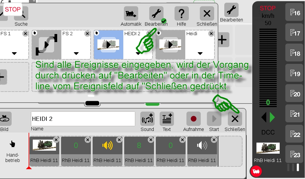 Sind alle Ereignisse, also alle F-Tasten, die gewnscht werden gedrckt, dann kann die Timeline der Ereignisse auf "Bearbeiten" oder auf "Schlieen" beendet werden. Somit ist das neue Ereignis bereit um es abzuspielen.  