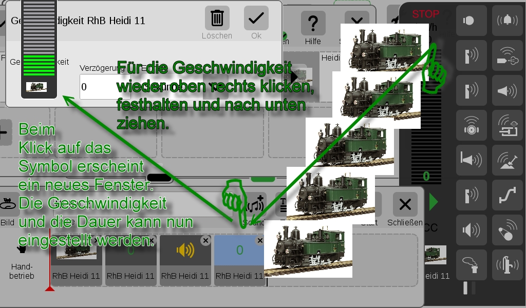 Um die Lok in Bewegung zu setzen wird wieder, wie am Anfang. unterhalb des Stop Signals getippt und die Lok in die Ereigniszeile gezogen. 