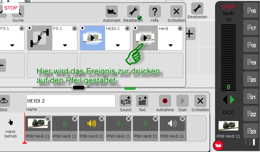 Das neu erstellte Ereignis kann mit Druck auf den Abspielpfeil gestartet werden. 