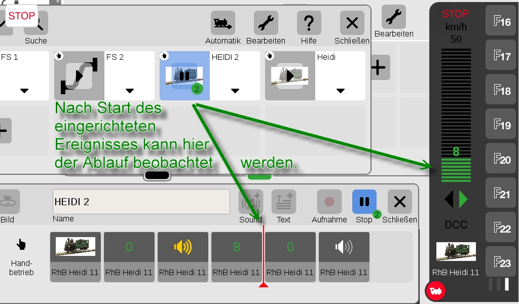 Nach Start der eingerichteten Ereignisse kann der Ablauf an der Zeitschiene (Timeline) oder rechts an der Loksteuerung abgelesen werden. An dem Balken mit dem roten Pfeil wird angezeigt wie weit das Ereignis abgespielt wurde.