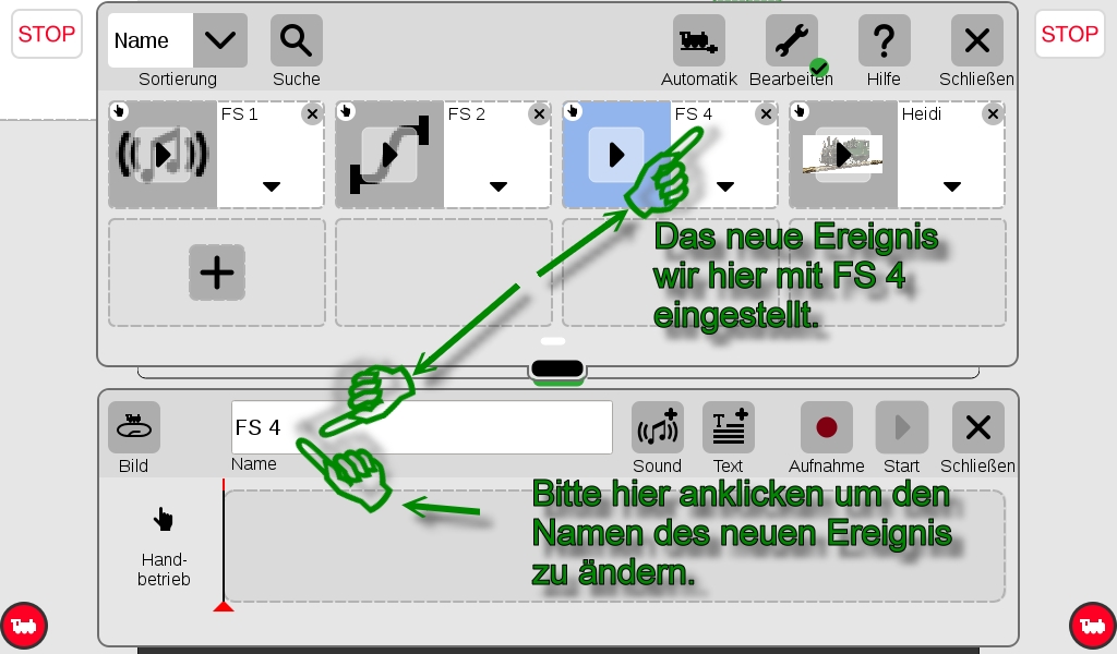 Als erstes sollte ein fester Namen fr das neue Ereignis vergeben werden. Wird der Name schon verwendet erscheinen die Buchstaben in ROT. 