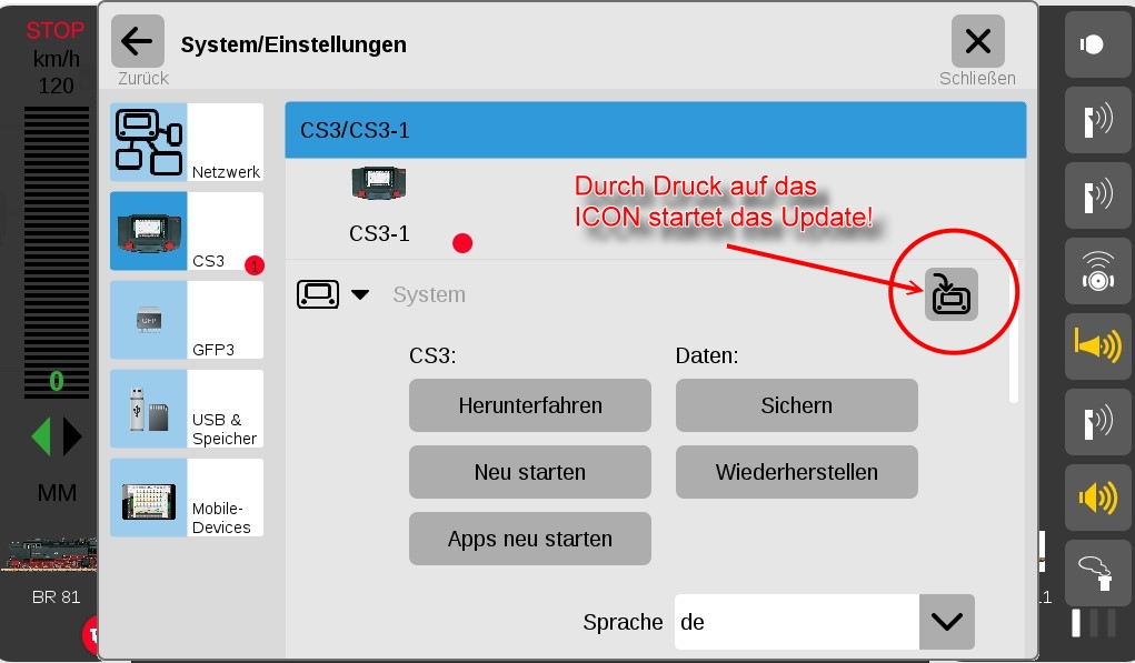 Angestossen, also gestartet, wird der Download durch Druck auf das ICON siehe Kreis im linken Bild. 