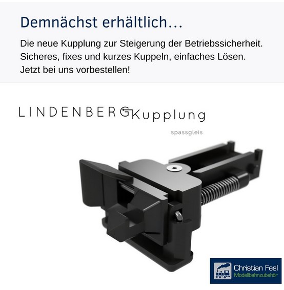 Christian Fesl bietet neben den Eigenproduktionen auch fertige Artikel - wie hier von spassgleis - Lindenbrg Kupplung - für die Gartenbahn an.
