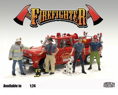 Die US-Firefighter wurden mit 4 Feuerwehrleuten und einem Hund ergänzt. Somit sind 8 US Feuerwehrleute für die Gartenbahn im Angebot von American-Diorama. 
