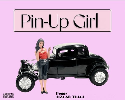 Pin-Up Girl Peggy, Art. Nr. 76444, Diesmal hat unser Pin-Up Girl eine schwarze, knielange Lackhose mit silberner Grtelschnalle und einem roten Trger-Top an. Etwas verlegen schauen und schon ist der Look perfekt.