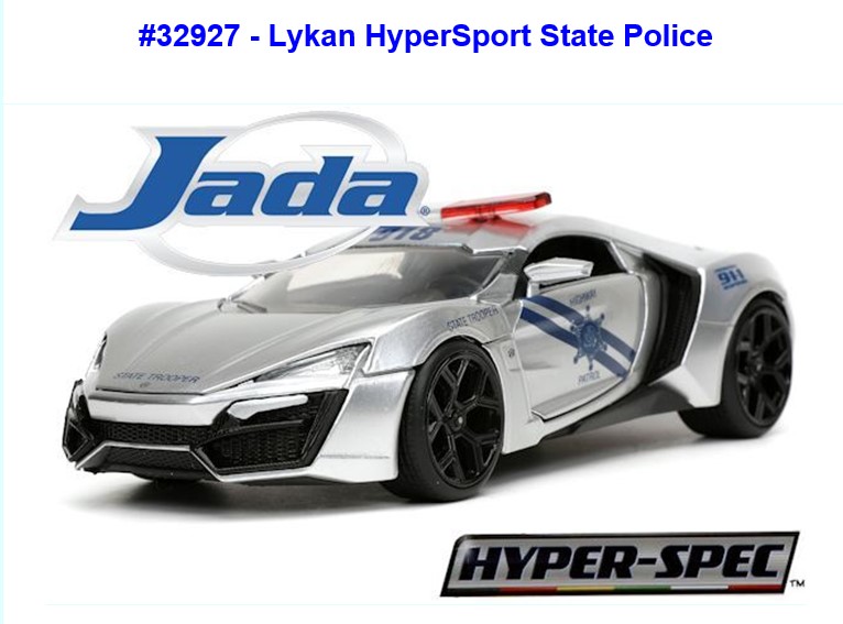 Unter der Artikelnummer 332927 kommt von Jada  der silberne Lykan HyperSport in der Ausfhrung der Highway Patrol / State Police aus der HYPER-SPECTM Serie auf den Markt. LightBar auf dem Dach in blau/rot darf hier nicht fehlen. Das ist jedoch was fr die US-Bahner unter den Gartenbahner. 