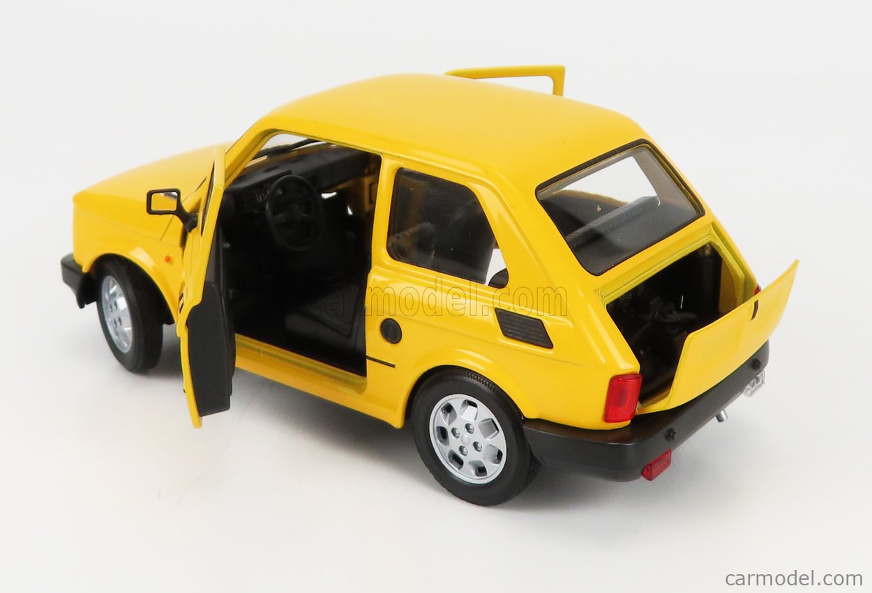 WELLY - FIAT - 126 1972, gelb, Türen zum öffnen, Heckklappe für Motor ebenfalls zum öffnen. Nebelschlußleuchte und Rückfahrscheinwerfer. 