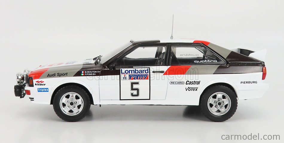 Audi A1, Audi Quattro, Audi Nacht Version, Zweiter Platz Rally Lombard, RAC Lombard, 1982, M. Mouton, F. Pons, wei-rot-grau-schwarz, Startnummer 5, IXO Models, 1:24 