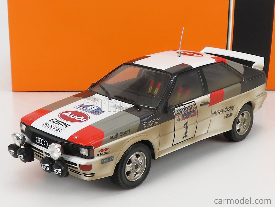 Audi A1, Audi Quattro, Audi Nacht Version, Gewinner Rally, RAC Lombard, 1982, H. Mikkola, H. Herzt, wei-rot-grau-schwarz, Startnummer 1, IXO Models 