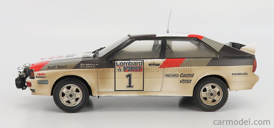 Audi A1, Audi Quattro, Audi Nacht Version, Gewinner Rally, RAC Lombard, 1982, H. Mikkola, H. Herzt, wei-rot-grau-schwarz, Startnummer 1, IXO Models 