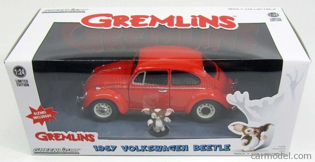 Originalverpackung des 1967 Volkswagen Beetle mit Gremlinsfigur. Greenlight Serie Hollywood Cars in 1:24. 