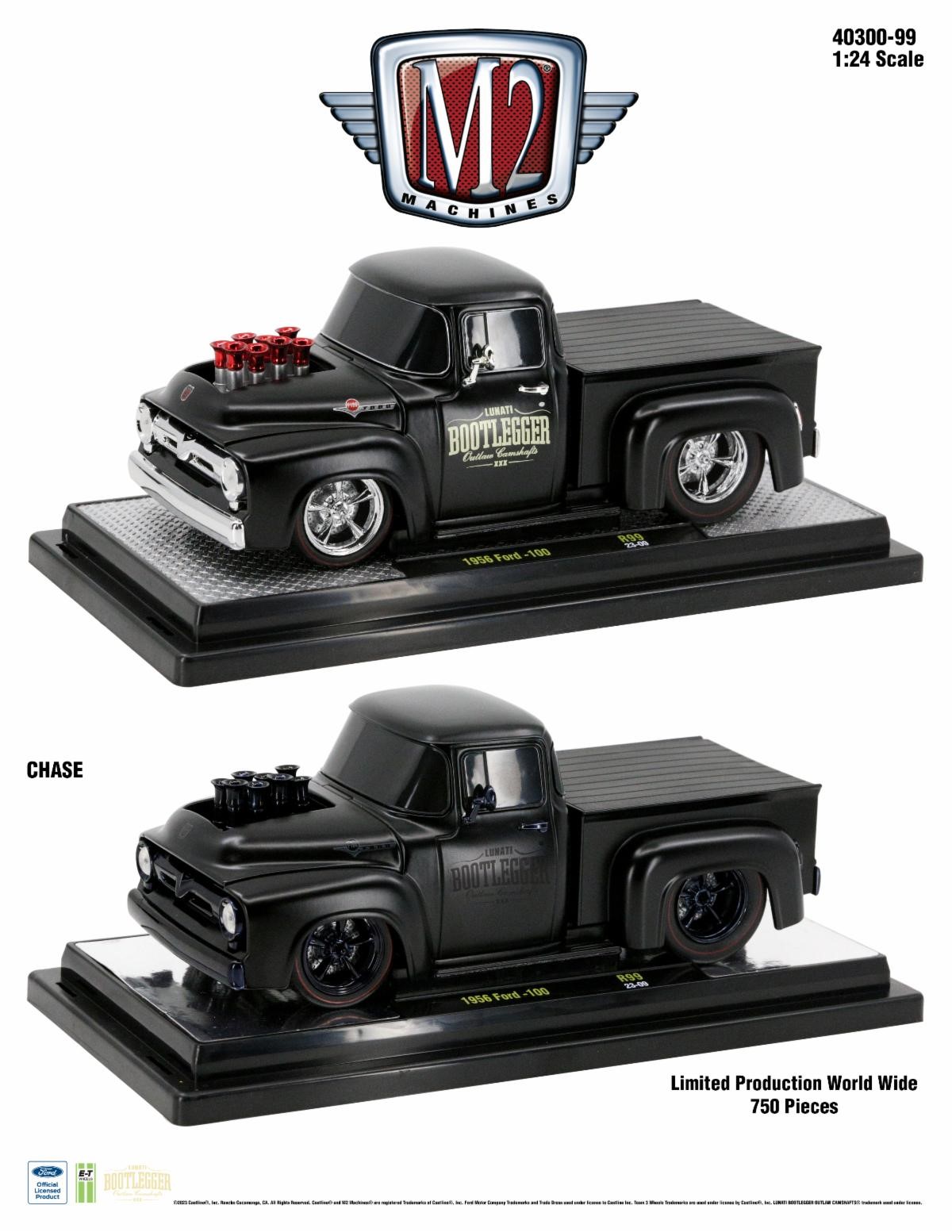 M2 Machines - 1956er Ford F 100 Casting - Marke Bootlegger mit verchomten Felgen und roten Ansaugstutzen aus der Motorhaube.