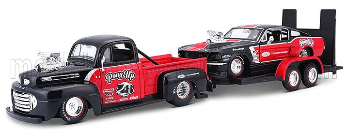 Ford USA - PICK-UP Truck Custom 1948 mit Mustang Coupe 1967 auf Anhnger in schwarz rot mit viel Chrom - Maisto 32751