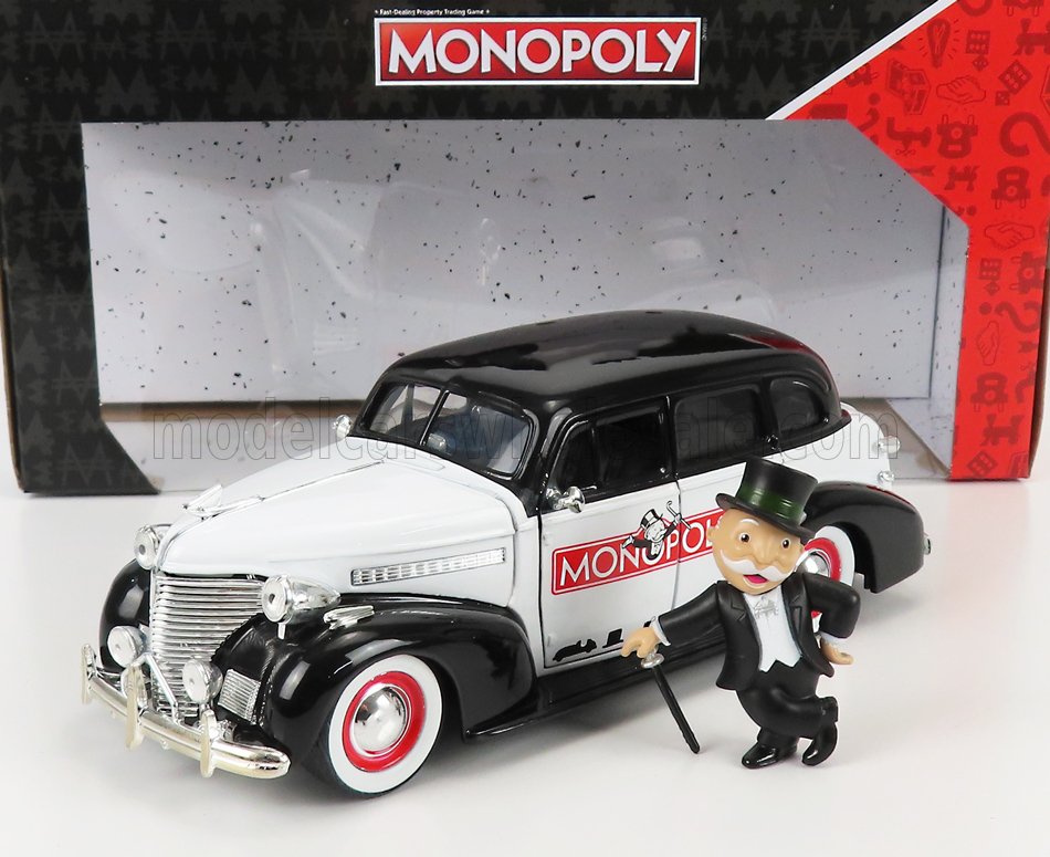 Jada - Monopoly - Chevrolet - Master Baujahr 1939 mit Monopoly Figur Uncle Pennybag in weiß/schwarz