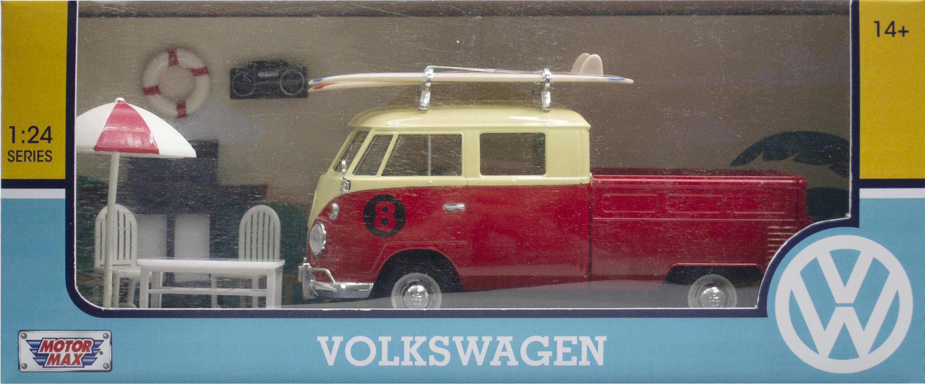 VW Type 2 - (T1) Pick up mit Surfboard - orange/Cremefarbig - Kunststoff - Metall - Fertigmodell - Nr.  MOM79722