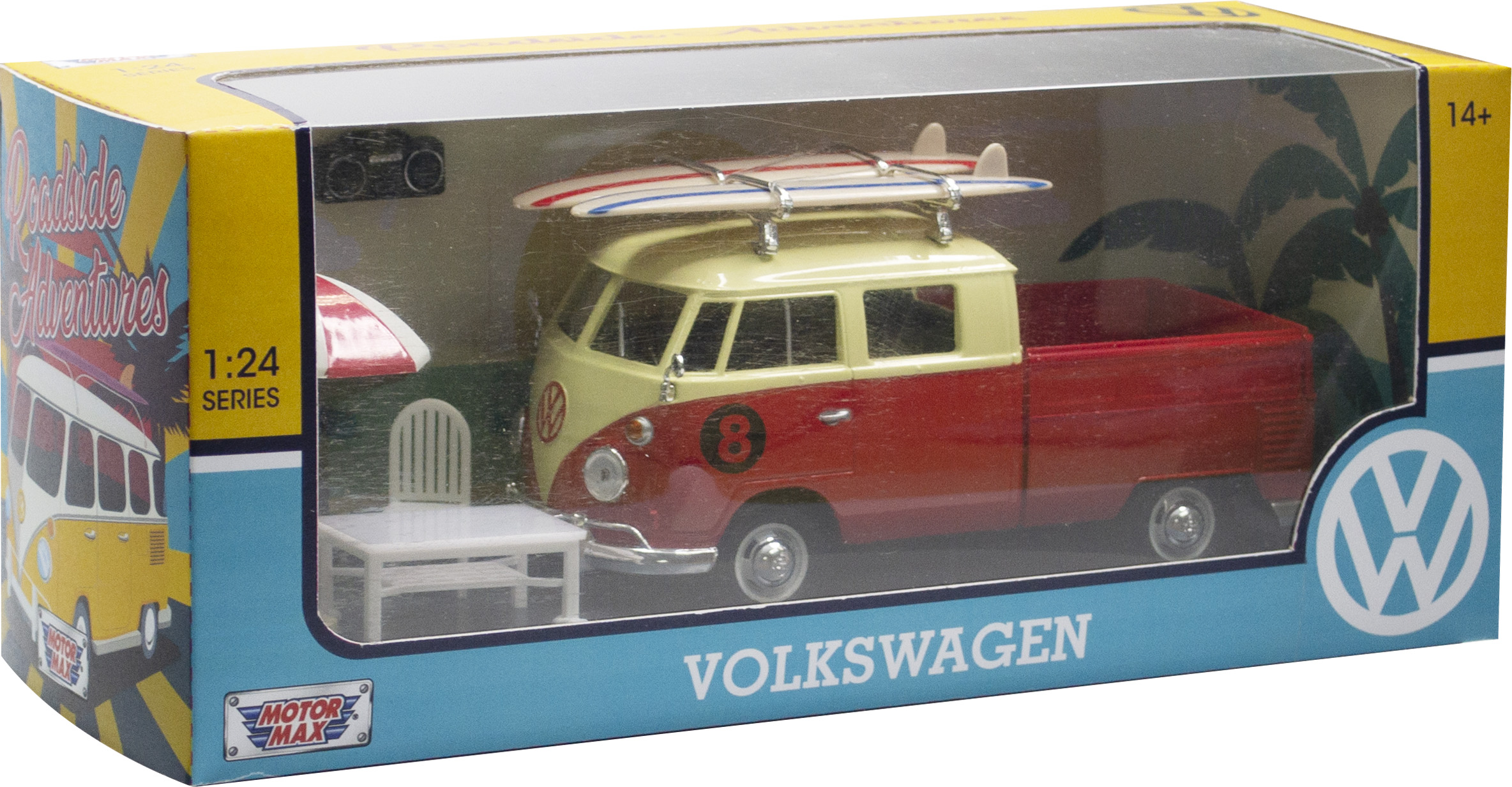 VW Type 2 - (T1) Pick up mit Surfboard - orange/Cremefarbig - Kunststoff - Metall - Fertigmodell - Nr. MOM79722