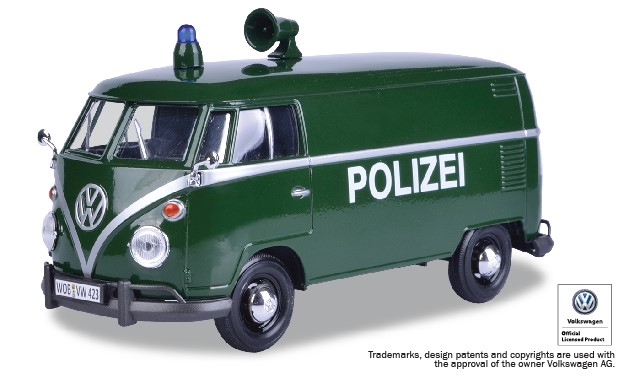 VW T1 - Polizeifahrzeug in dunkelgrn mit Metallicstreifen. 