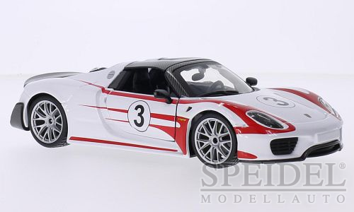 Porsche 918 Weissach, weiss/rot, No. 3, 2013. Fertigmodellin Metall-Kunstsstoff - BBU18-28009White/Red