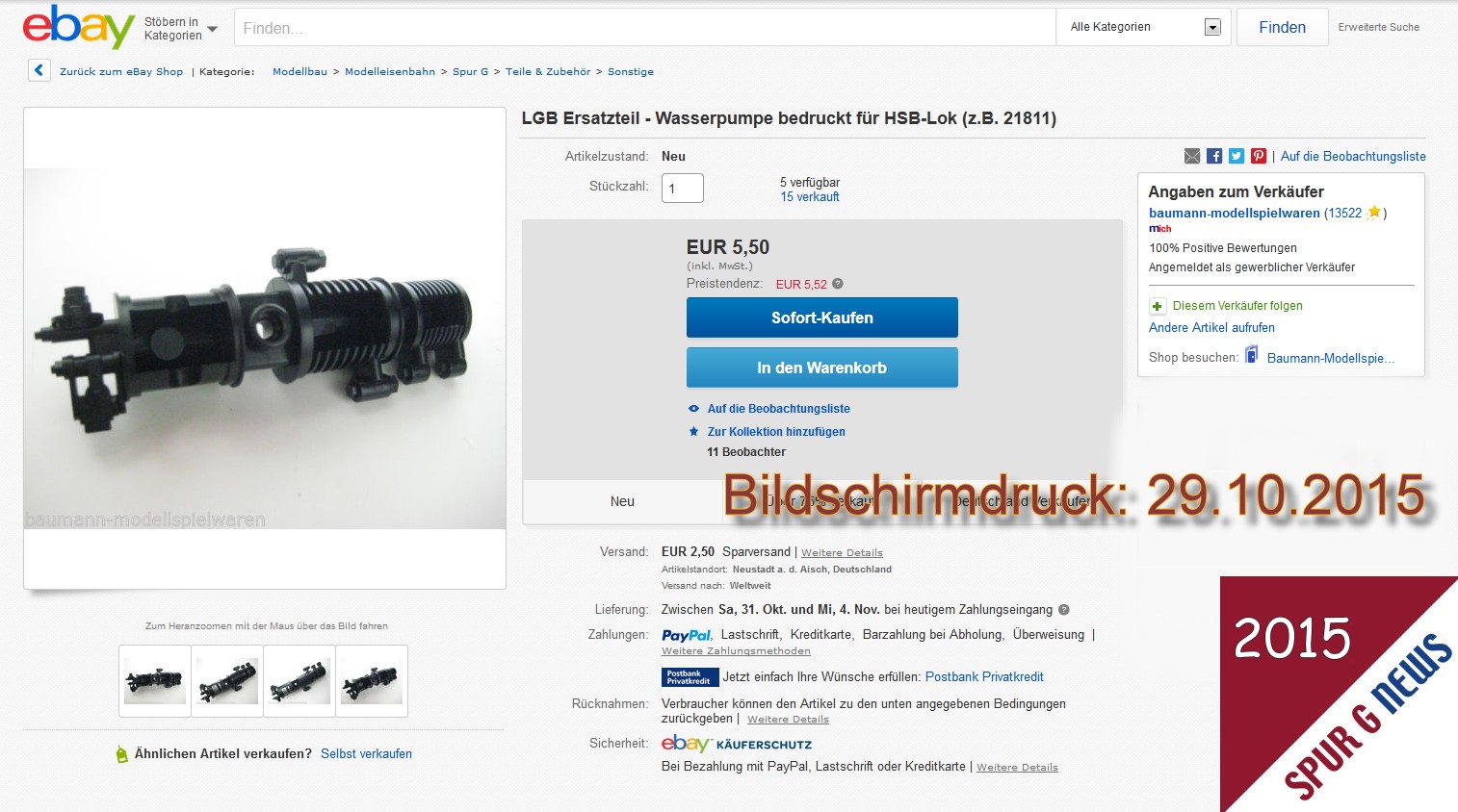 Klicken Sie auf das Bild und Sie kommen zum ebay-Store mit vielen, vielen Ersatzteilen von Baumann Modellspielwaren. Ein bisschen stbern und suchen mssen Sie selbst bernehmen. In dem ebay Store  (Stand 29.10.2015) sind 582 Ergebnisse auf 20 Seiten gelistet. Teilweise auch Figuren und Neuheiten von LGB, Pola / Faller die kostenfrei verendet werden.  Aber auch Zinnfiguren, Raritten und wie schon erwhnt die Ersatzteile.