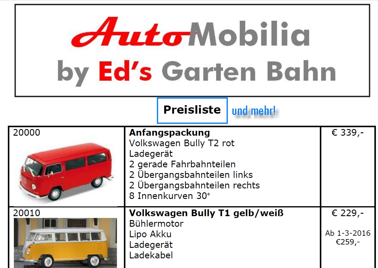 Hier geht es zur Preisliste mit Startset, Autos und Planungen. Auch Straenbelag und eine Anleitung hierfr ist auf dem pdf vorhanden. 