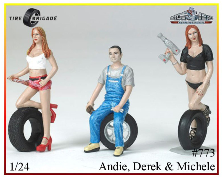 Von MotorHead unter der Ausstattung TIRE BRIGADE bietet M&D mit der Art. Nr. 773 drei Figuren aus Resin für die Werkstatt an. Andie, Derek und Michele mit Tuch, Werkzeug und Reifen sind in der Verpackung zu haben. 