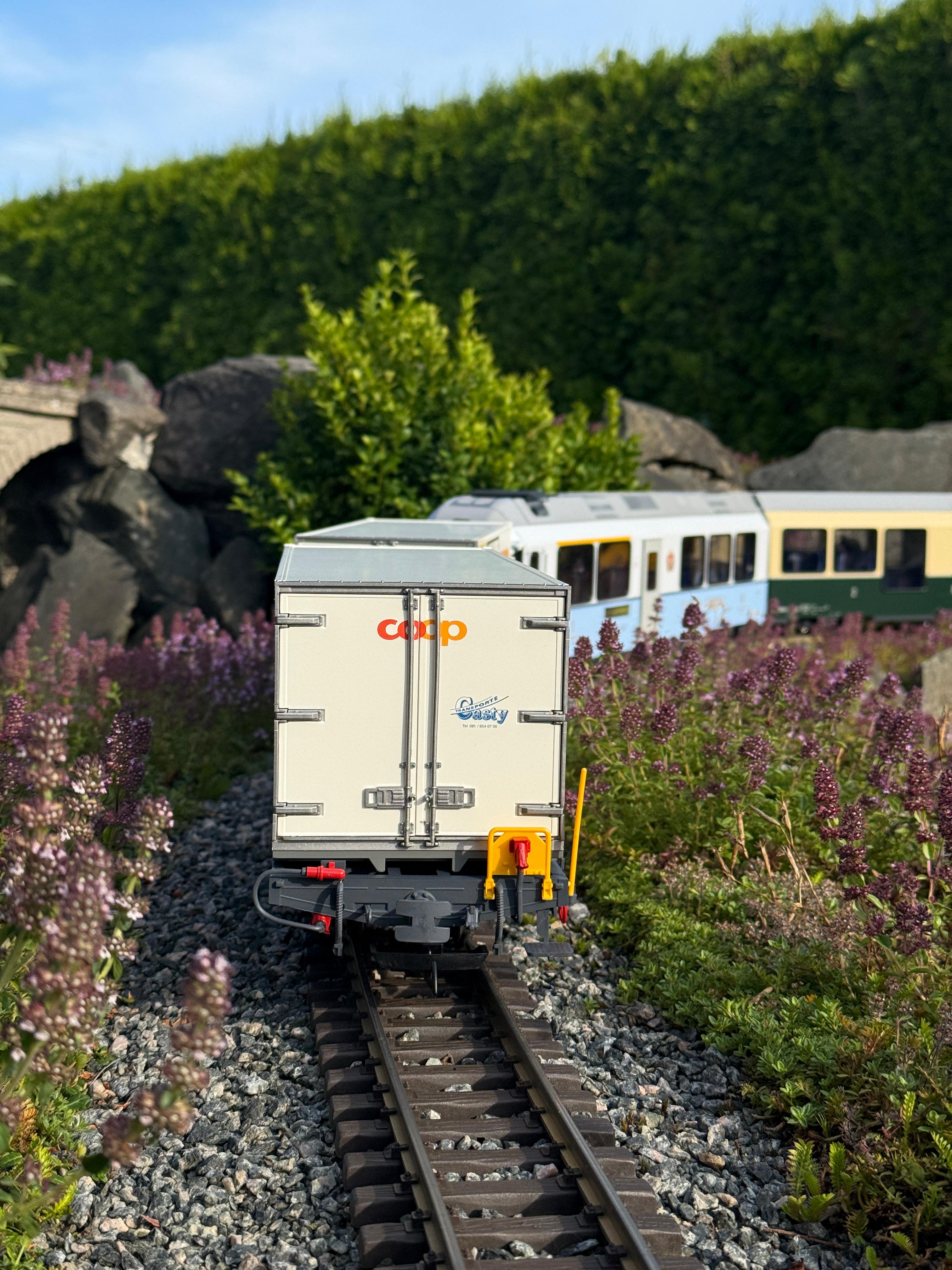 Schlußbild des Containerwagens mit der coop® Wechselbrücke (Container) Apfel.
