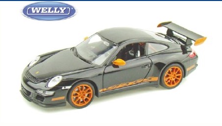 Porsche 911 (997) GTR3 RS in schwarz mit orangen Felgen und Anbautieilen - Modellauto fr die Gartenbahn im Mastab 1:24. 