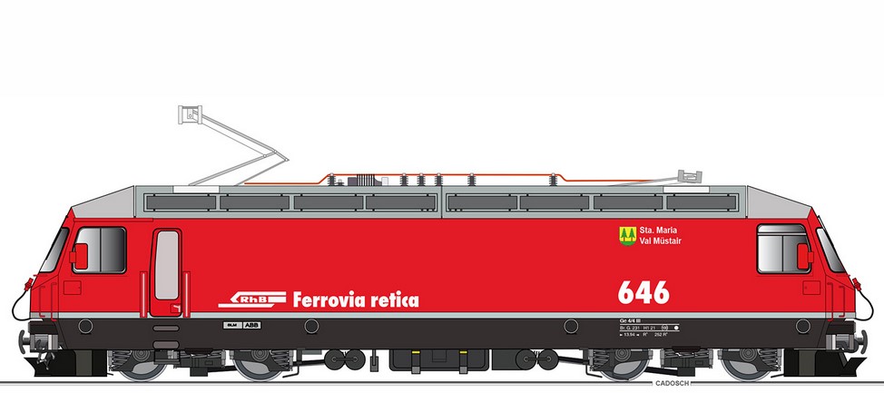 KISS Modellbahnen, Art. Nr. 610091, Lok.Nr. 646, Lokname: Sta. Maria Val, Mstrair, Herstellerschild: SLM/ABB, Farbe: rot, Werbung ohne 