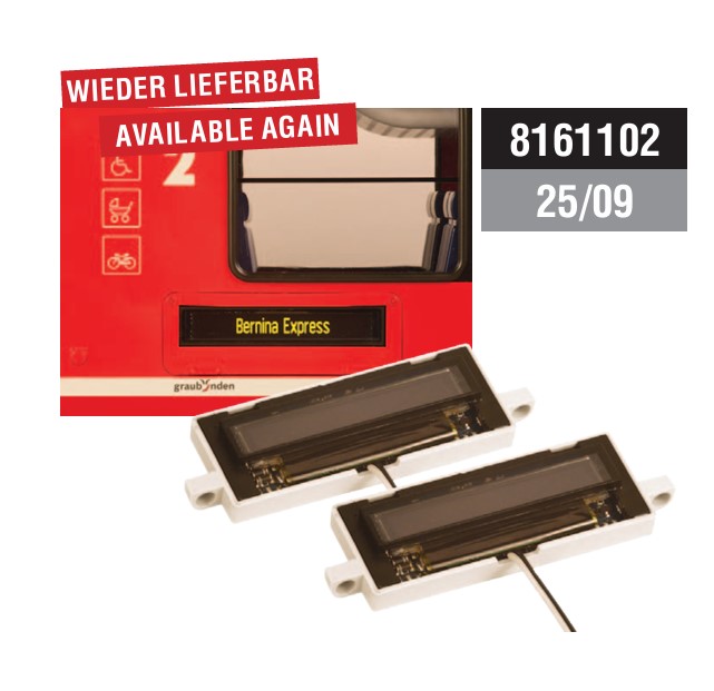 Zug-Ziel-Display 5212 (2/Pack) Modernere Züge zeigen ihre Fahrziele elektronisch mit LED-Displays an, was nun auch mit dem Massoth ZZD im LGB Allegra möglich ist. Weiterschaltungen der Stationsnamen sind manuell oder automatisiert möglich. Das original bernsteinfarbene OLED Display passt hervorragend zum Vorbild im Allegra und zeigt mehr als 20 Symbole und 400 Stationsnamen und Texte die individuell anpassbar sind.