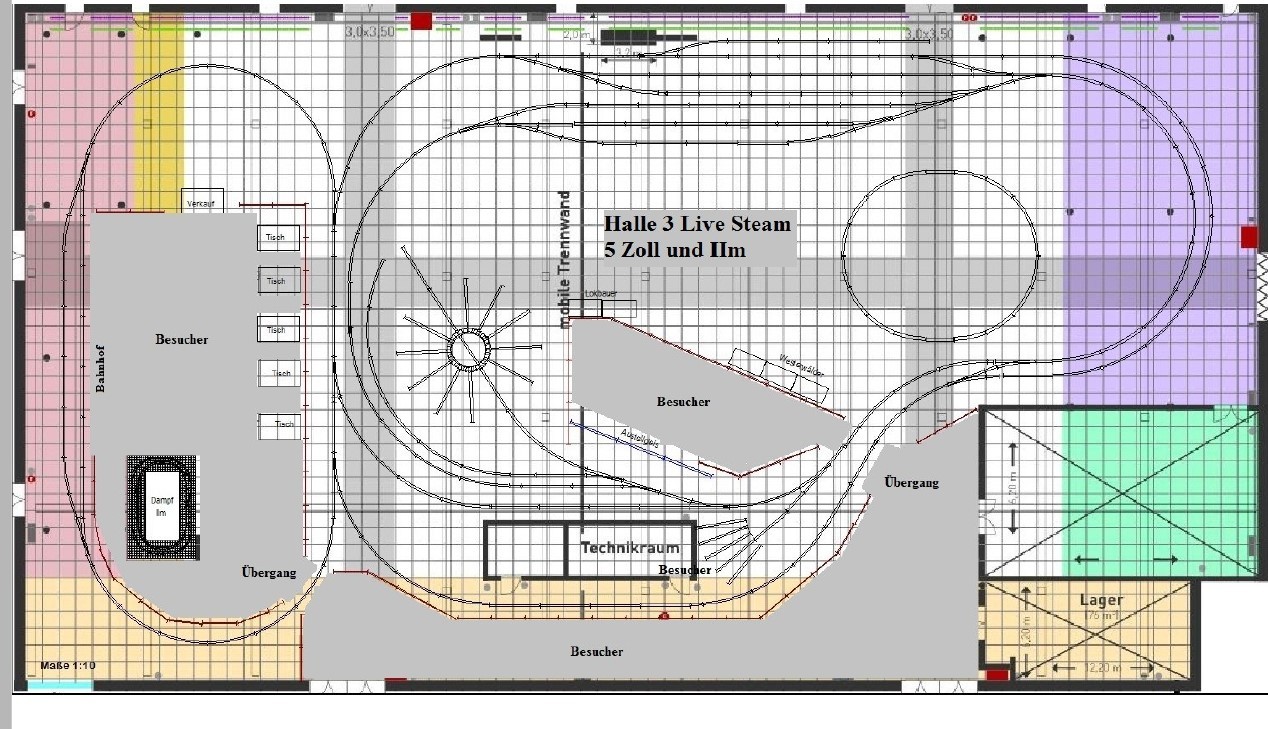 In der Halle 3 war neben der Spur II - Live Steam auch die groe Strecke mit Drehscheibe, Bahnhof und Technik zum Wasser und Kohlefassen untergebracht. 