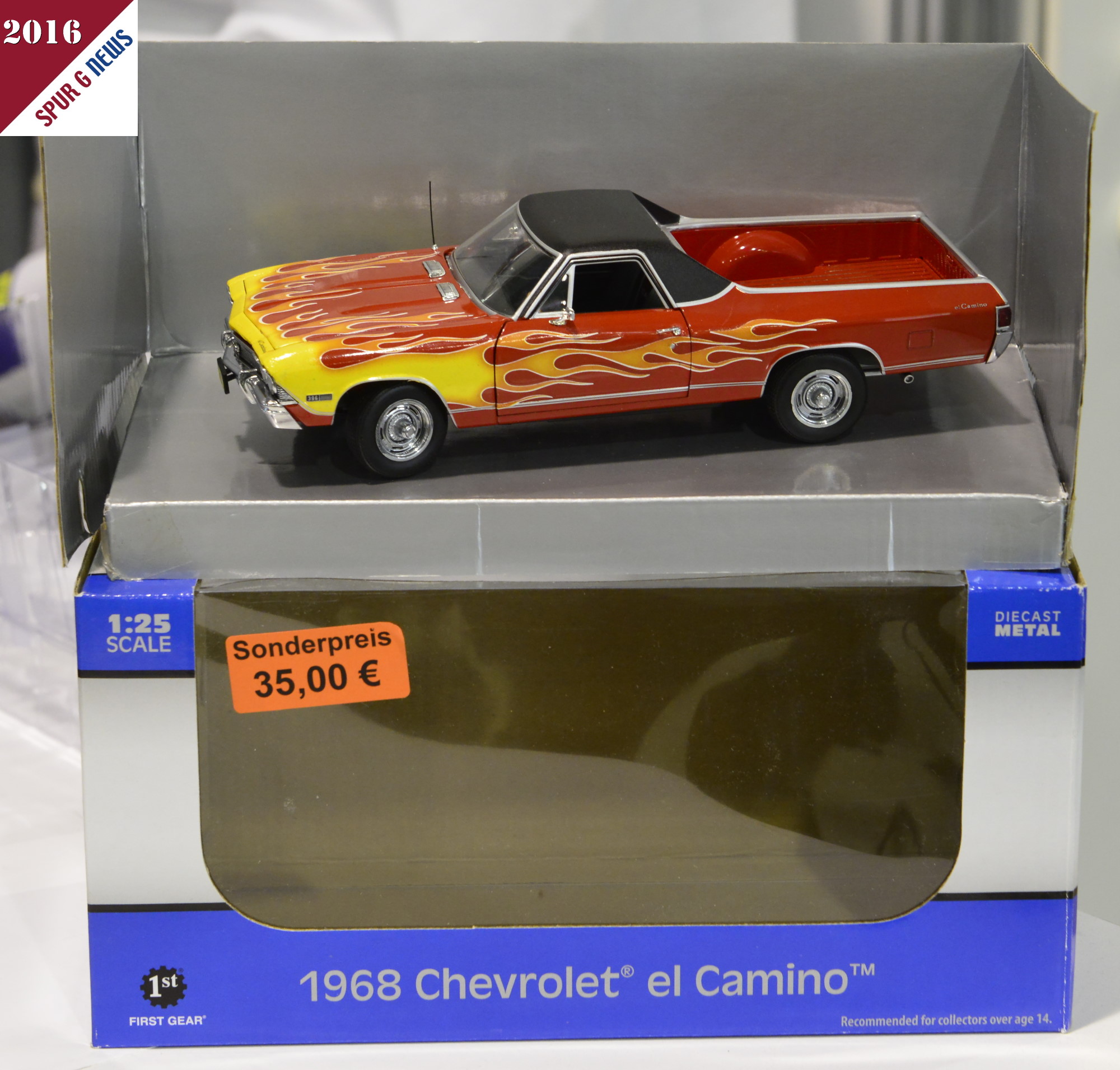 Bekannt wurde der Chevrolet el Camino (eingetragenes Warenzeichen und Trademark) aus dem Film "Staatsfeind Nr. 1" mit den Schauspielern "Will Smith" und "Gene Hackman". Allerdings war er dort in Blau und ohne die auffllige FLAMEN-Lackierung  zu sehen. Dieses Auto von 1st First Gear (Bachmann Europe) im Gartenbahnmastab passt gut zu dem neuen Wohnwagen von Prehm-Miniaturen. Die individuellen Camper haben auch individuelle Autos. Die beiden Neuheiten von 1st First Gear stellen wir in Krze noch vor. 