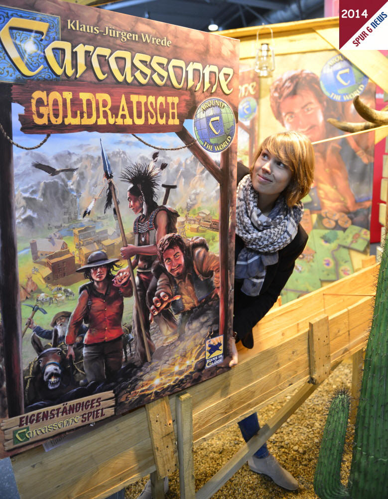 Prsentation am Stand Halle 2 - K58 der Messe modell-hobby-spiel 2014 in Leipzig: Die Weltpremiere der Neuauflage von Carcassonne - Goldrausch - Spiel im Verlag Hans im Glck - SchmidtSpiele.