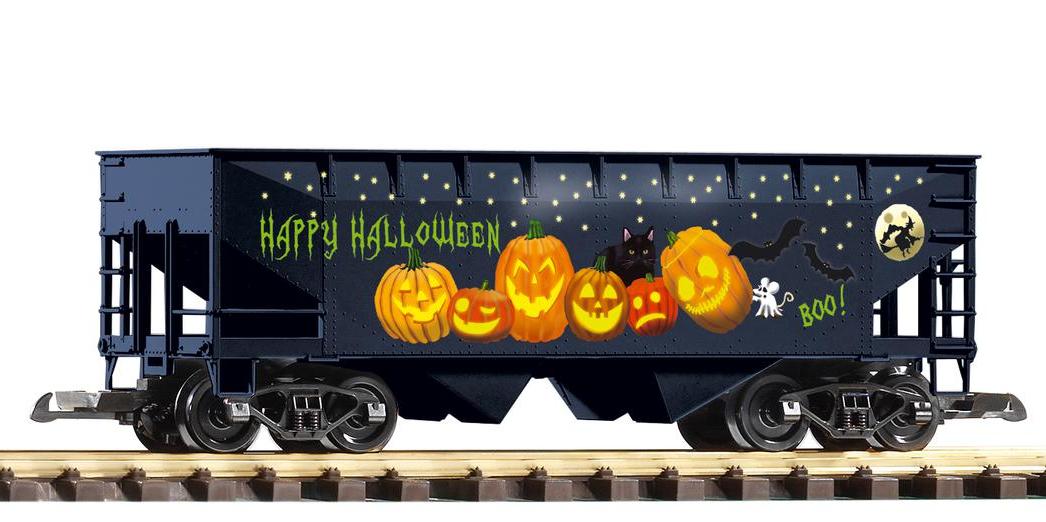 PIKO 2018 - Schttgutwagen, Hooper Car - Art.Nr. 38883 - Druckvariante des Schttgutwagens im Halloween-Design. Bedruckt mit Halloween Krbissen, einer schwarzen Katze, Maus als Gespenst verkleidet und Fledermusen. Im Mond fliegt noch die Hexe auf Ihrem Besen. 