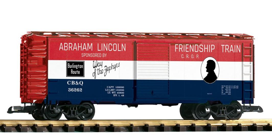 PIKO 2018 - Art. Nr. 38885, Druckvariante des geschlosssenen Gterwagens der US Bahngesellschaft CB&Q. (Chicago, Burlington & Quincy). Friendship Train. Wagen Nummer 36262. Abraham Lincoln mit Silouhette. CROP. Burlington Route - Way of teh Zephyrs. 