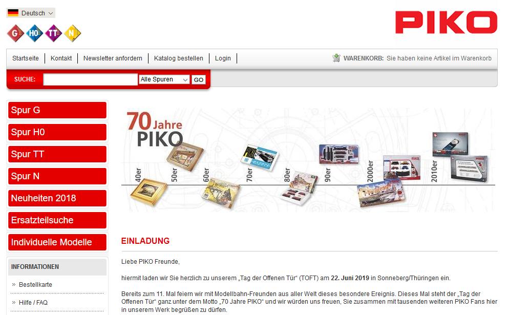 Weitere Informationen zum Tag der offenen Tr - TOFT - wie - Sonderzge - Anreiseplne - Programm - Sonderartikel - und vor allem die Anmeldung knnen Sie direkt im PIKO Shop vornehmen. Klicken Sie einfach auf das obige Bild und Sie werden in einem neuen Fenster zu PIKO direkt geleitet.