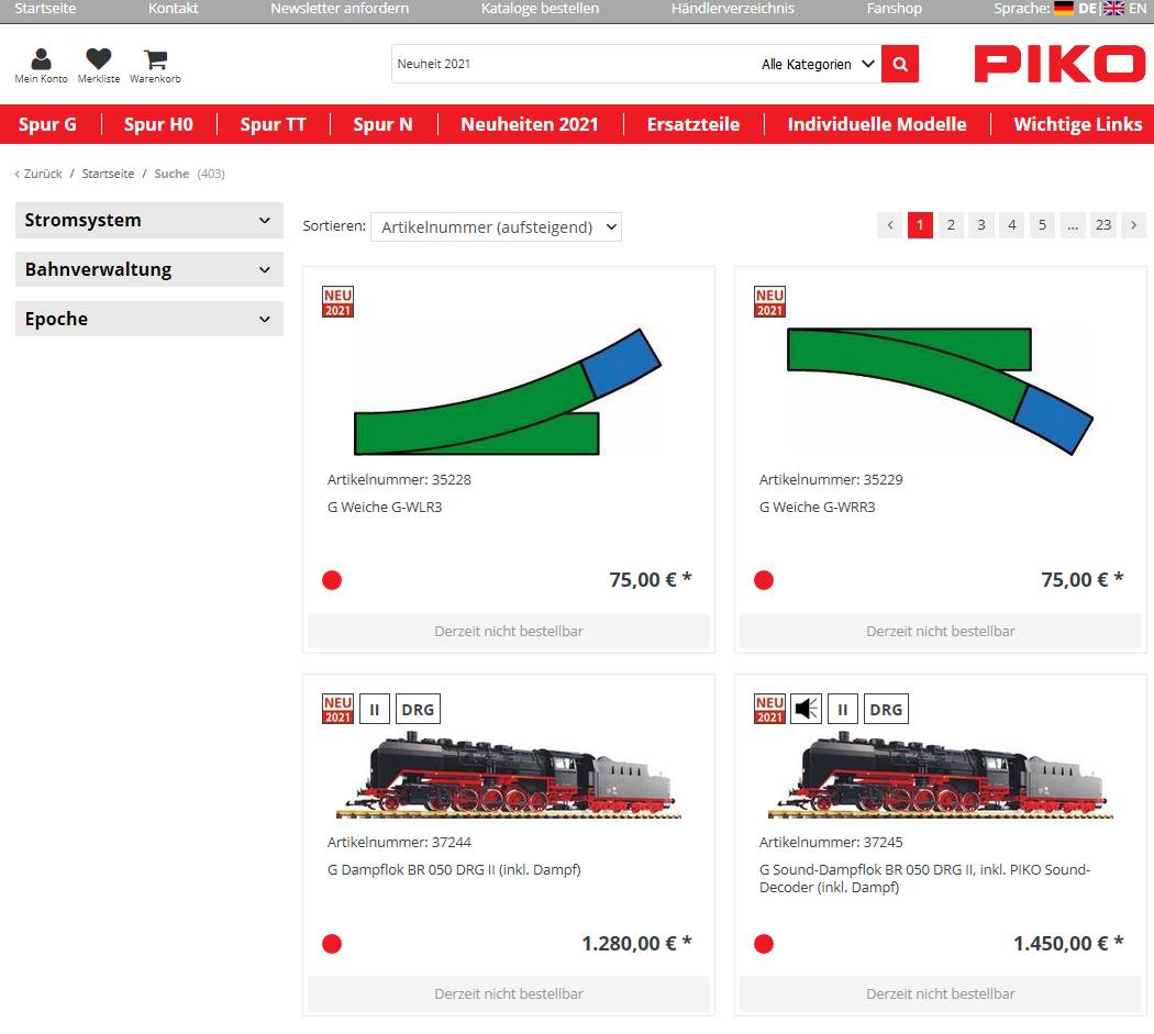 Einstiegsseite des PIKO Shops mit den Neuheiten G-Scale 2021. 