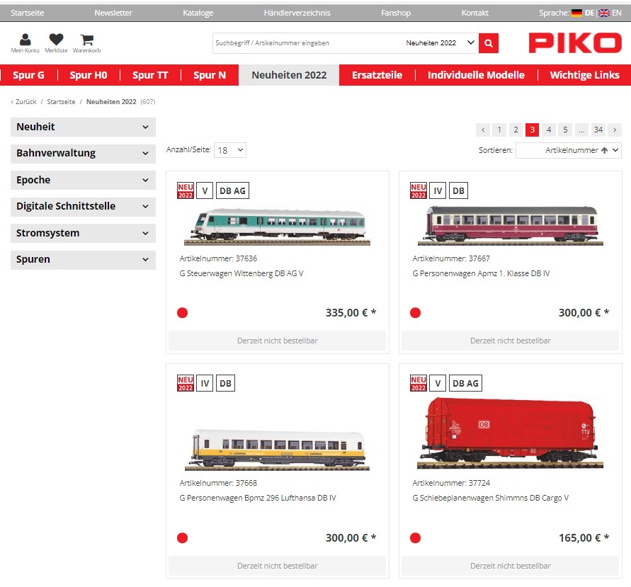 Einstiegsseite -Seite 3 - des PIKO Shops mit den Neuheiten G-Scale 2021. 