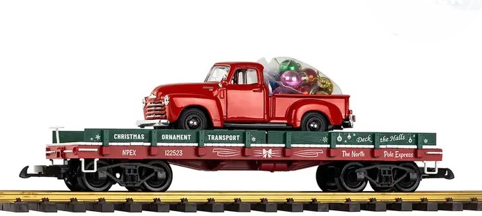 PIKO of America - Art. nr. 38787 , Flachwagen mit Metallauto - Pickup und Päckchen mit Glaskugeln