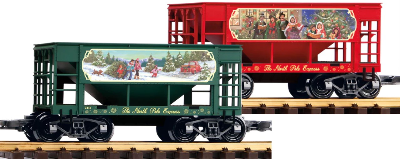 PIKO Art. Nr. 38951 - zwei vierachsige Erzwagen als Güterset je 1 x rot und 1 x grün. bedruckt mit Weihnachtsmotiven.